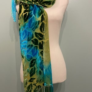 Silk Cut Velvet Fringed Shawl/Scarf, Green and Turquoise Scarf, Leafy Velvet, Soft Scarf, image 9