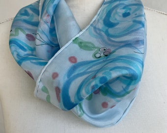 Silk Scarf, Hand Painted/Dyed, Blue Silk, Painted Roses, titled “Roses Are Blue”