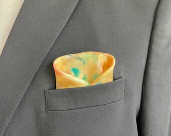 Silk Scarf, Silk Pocket Square, Hand Painted/Dyed, Multicolored Silk, Abstract Yellow, titled “Yellow Square”