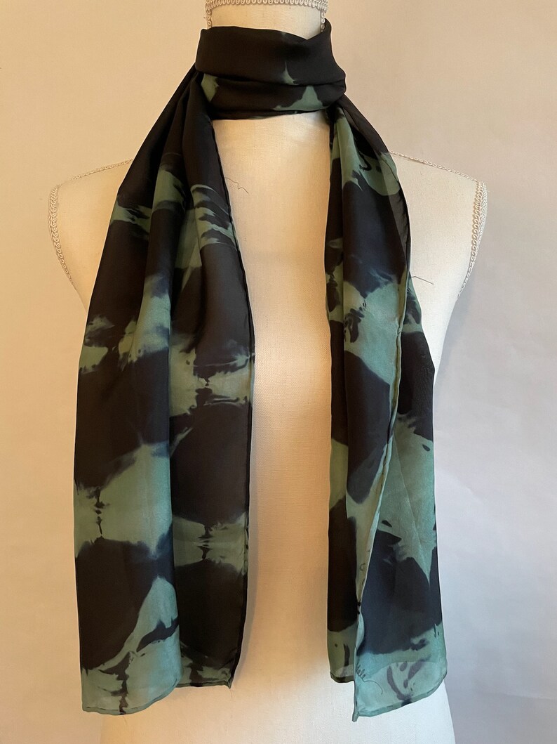 Black Silk Scarf, Mint Green Silk Scarf, Infinity Scarf, Neck Scarf, Head Scarf, Hand Painted/Dyed, titled Mint Green image 5