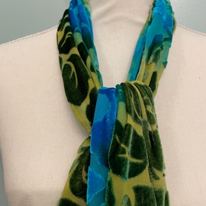 Silk Cut Velvet Fringed Shawl/Scarf, Green and Turquoise Scarf, Leafy Velvet, Soft Scarf, image 10