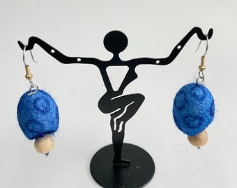 Blue Silk Cocoon Earrings, Hand Dyed, Wood Bead Earrings, Lightweight Earrings, OOAK, Silk Cocoons, Silver-toned findings