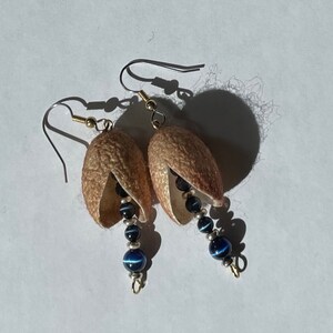 Brown and Navy Silk Cocoon Earrings, Hand Dyed, Bead Earrings, Lightweight Earrings, OOAK, Silk Cocoons, Gold and Silver-toned findings zdjęcie 1