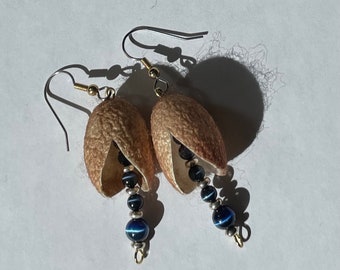 Brown and Navy Silk Cocoon Earrings, Hand Dyed, Bead Earrings, Lightweight Earrings, OOAK, Silk Cocoons, Gold and Silver-toned findings