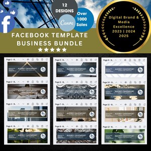 May include: A Facebook template business bundle with 12 designs. The image includes a gold seal that reads "Digital Brand & Media Excellence 2023 | 2024 | 2025". The bundle has over 1000 sales and is designed with Canva.