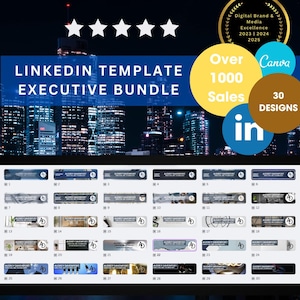 May include: A digital product bundle for LinkedIn, featuring 30 executive designs. The image includes the text "LinkedIn Template Executive Bundle" and a "Digital Brand & Media Excellence" award. The image also shows the Canva and LinkedIn logos.