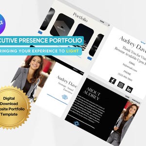 May include: A website portfolio template with a black and white color scheme. The template features a photo of a woman in a blazer, the text "Executive Presence Portfolio", and the text "Bringing Your Experience to Light".