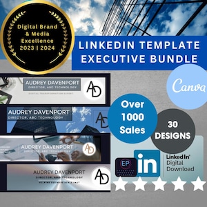 May include: A digital marketing template bundle for LinkedIn featuring 30 designs. The bundle includes a Canva logo and text that reads "Over 1000 Sales". The image also includes a five-star rating and the text "Linked In Digital Download".