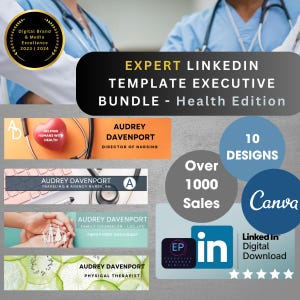 May include: A promotional image for a LinkedIn template executive bundle, health edition. The design includes various professional profile banner examples, a digital brand excellence award, and Canva branding. Text includes "Over 1000 Sales" and "10 Designs".