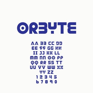 May include: A blue font design with the word "ORBYTE" at the top, followed by a complete alphabet, numbers, and symbols. The letters and numbers are in a bold, rounded style, all in blue against a white background.
