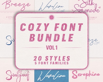 May include: A pink and white graphic with the text "Cozy Font Bundle Vol 1" and "20 Styles 5 Font Families". The graphic features a pink glitter effect and includes examples of the fonts "Breeze", "WaveLine", "Silk Serenade", "SwagLeaf", "WaveLine", and "Seraphina".
