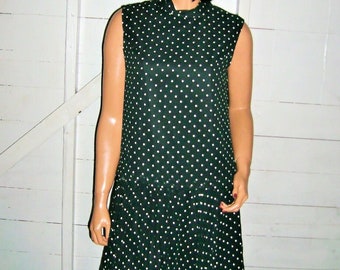 Vintage Black White Polka Dot Pleated Dress Sz XL