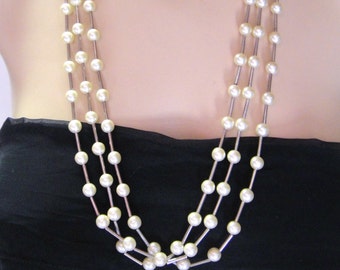 Silver Tone Faux Pearl 3 Strand Necklace