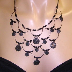 Vintage Silver Tone Black Beads Chain Necklace image 1