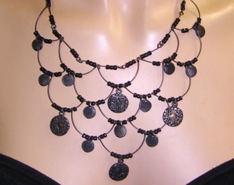 Vintage Silver Tone Black Beads Chain Necklace
