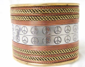 Vintage Brass Silver Tone Peace Cuff Bracelet