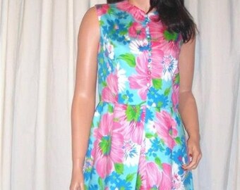 Vintage Gregg Draddy Floral Blue Pink Dress M