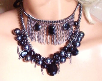 Silver Tone Black Balls Chain Ribbon Choker