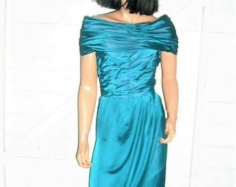Vintage Teal Off Shoulder Ruched Dress Sz XS