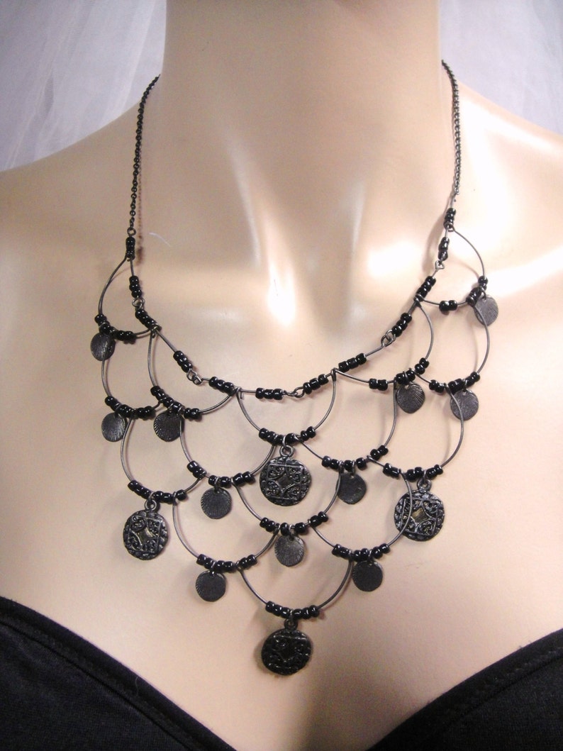 Vintage Silver Tone Black Beads Chain Necklace image 3