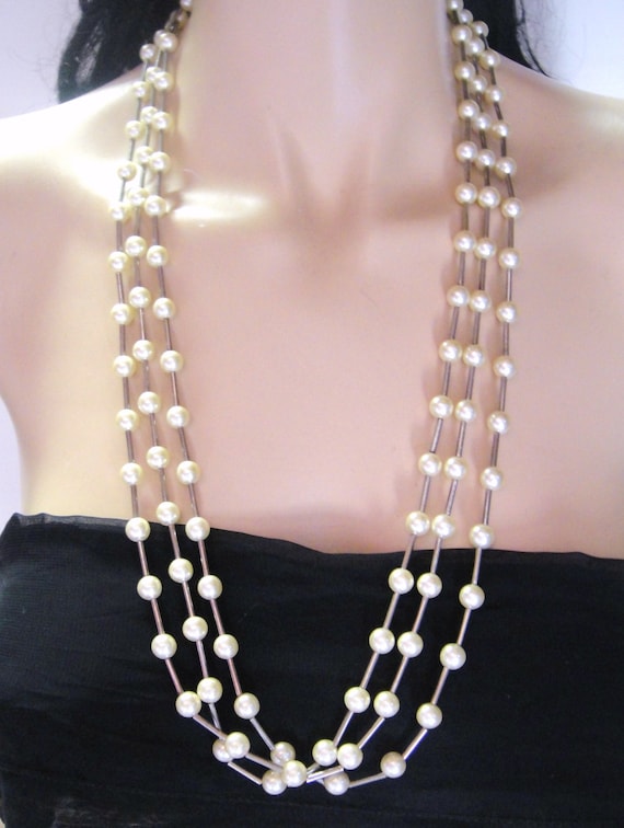 Silver Tone Faux Pearl 3 Strand Necklace - image 1