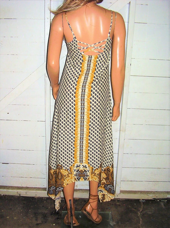 Gold Navy Blue Hippie Chic Maxi Dress XS - image 6