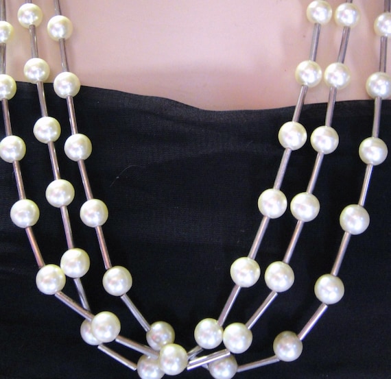 Silver Tone Faux Pearl 3 Strand Necklace - image 4