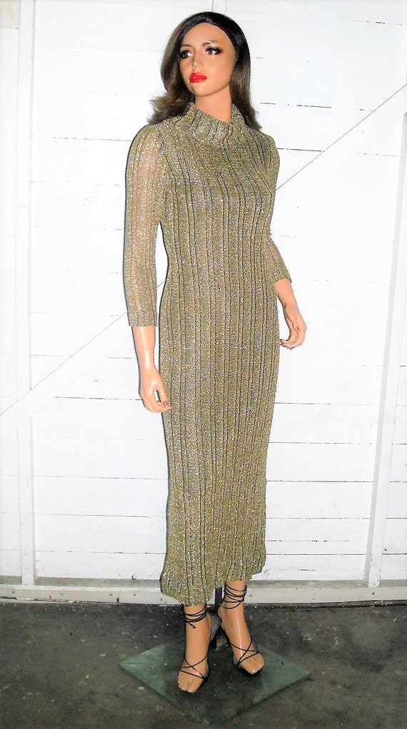 Vintage 70/'s Mod Bayberry Argyle Knit Turtleneck Maxi Dress wMetallic Gold Thread Brown Tan and Gold