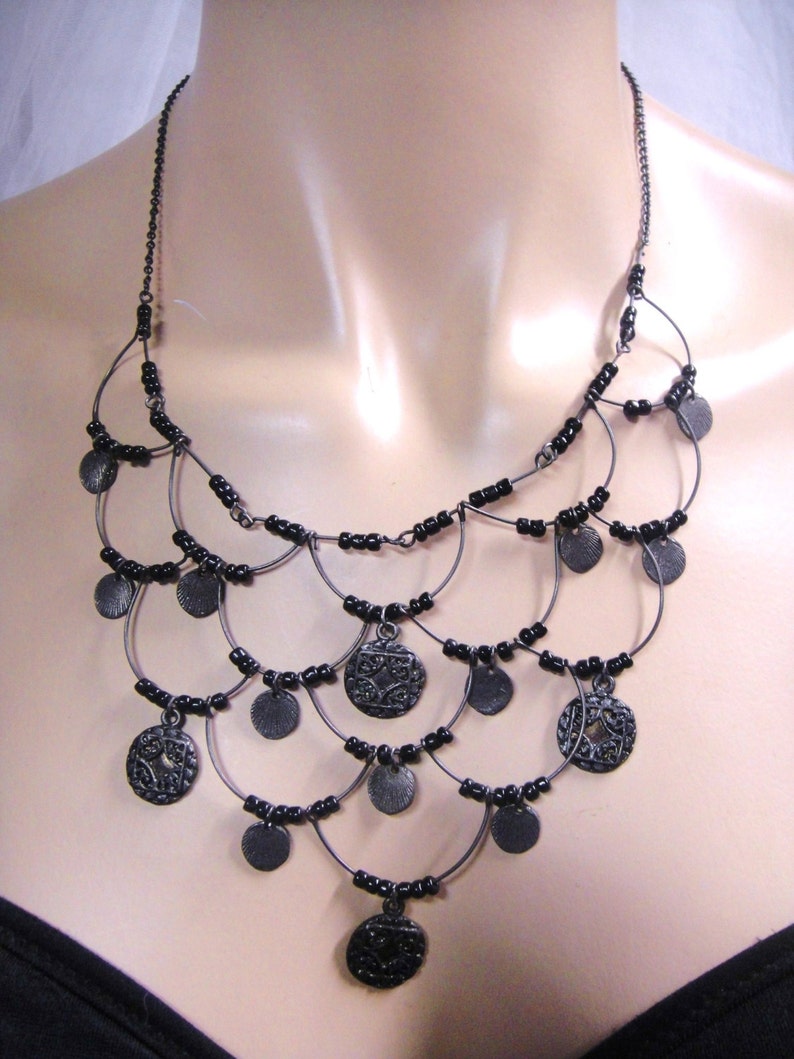 Vintage Silver Tone Black Beads Chain Necklace image 5