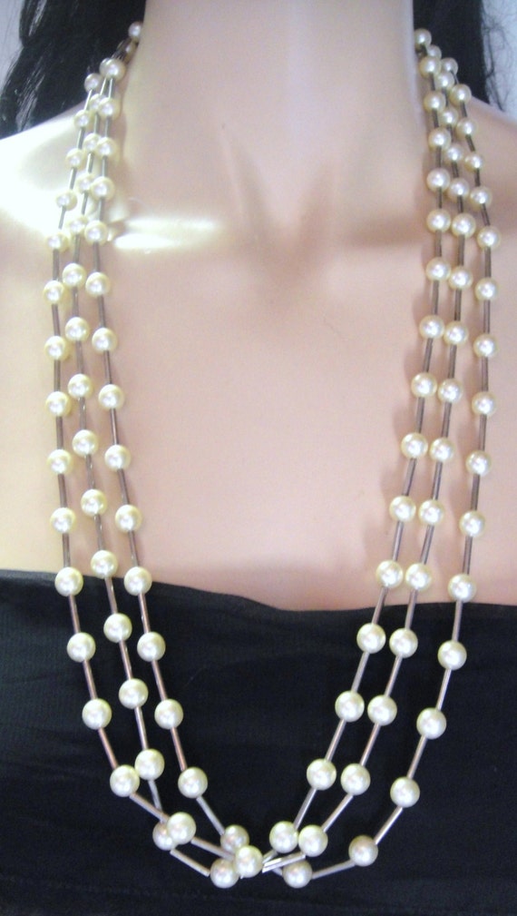 Silver Tone Faux Pearl 3 Strand Necklace - image 2