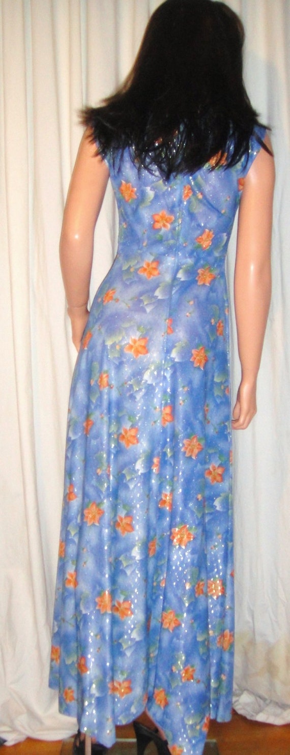 Vintage Blue Orange Floral Metallic Gold Maxi Dre… - image 5