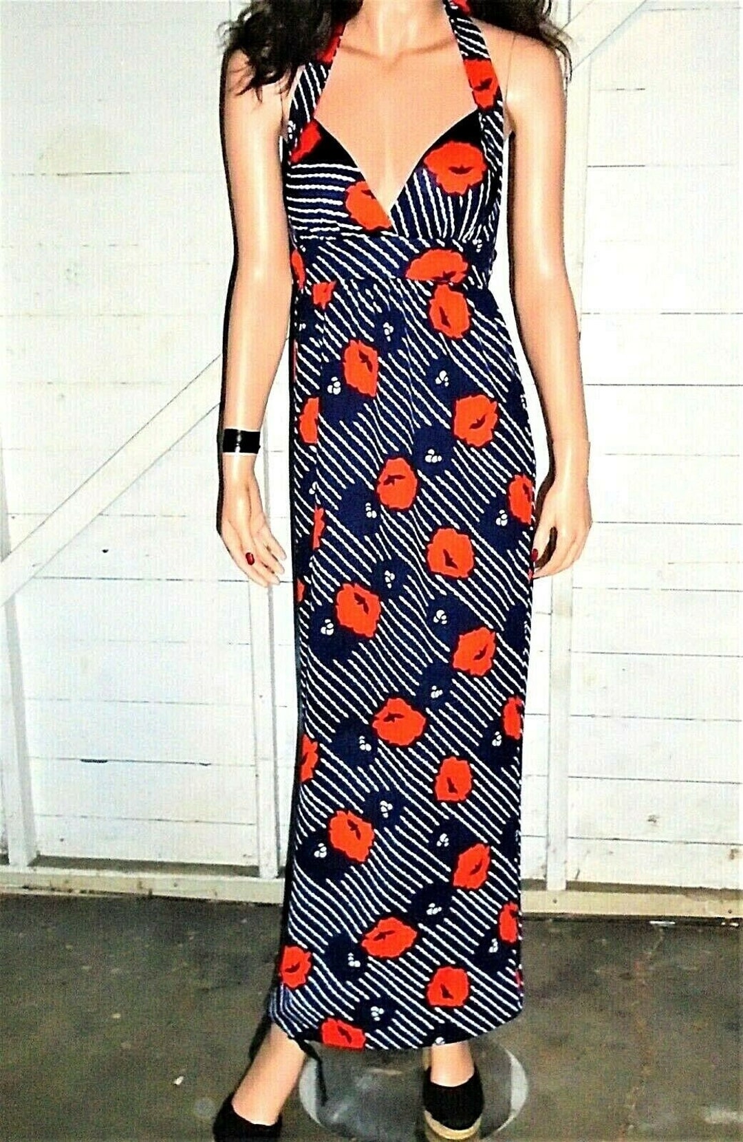 Vintage deals 70s Jack Hartley Halter Navy Blue Red Maxi Dress S