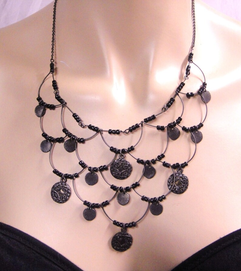 Vintage Silver Tone Black Beads Chain Necklace image 4