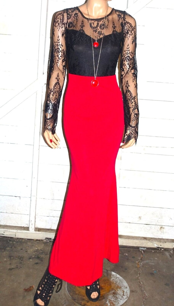 Windsor Black Red Lace Goth Maxi Dress S