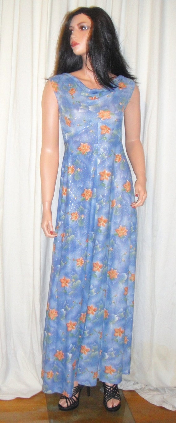 Vintage Blue Orange Floral Metallic Gold Maxi Dre… - image 1