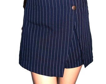 Dark Navy Blue White Striped Wrap Skort 2