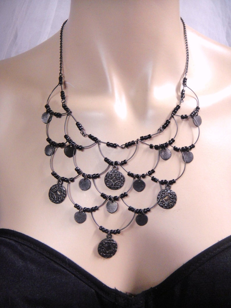 Vintage Silver Tone Black Beads Chain Necklace image 2