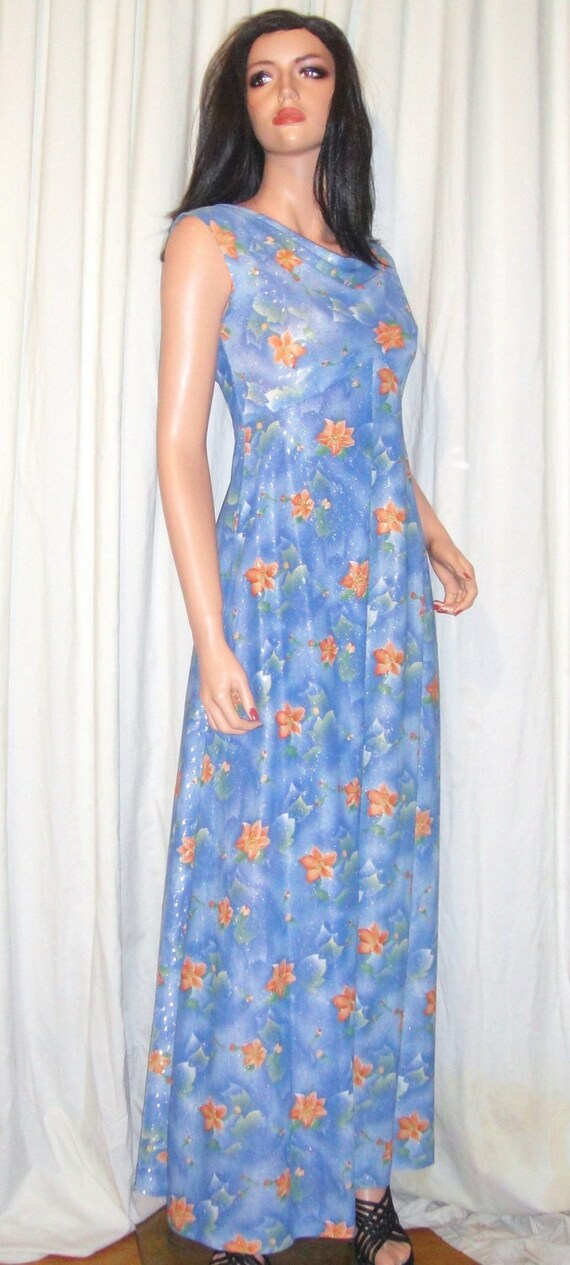 Vintage Blue Orange Floral Metallic Gold Maxi Dre… - image 2