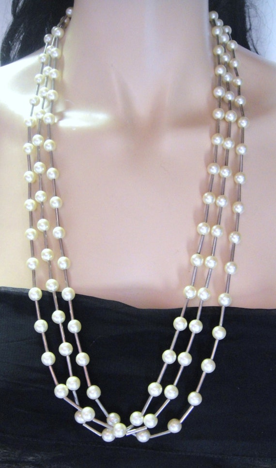 Silver Tone Faux Pearl 3 Strand Necklace - image 3