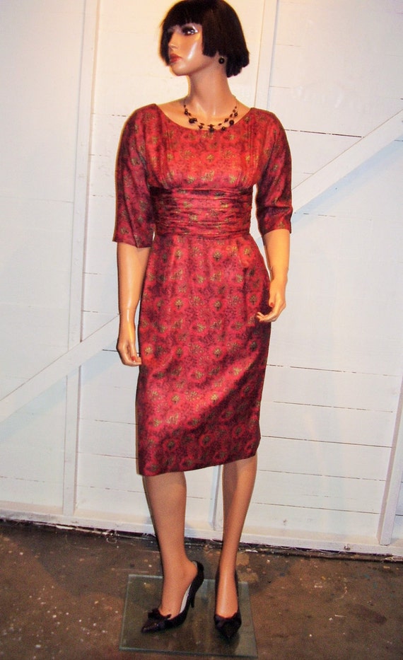 Vintage Jane Hodges New York Dress S Red Olive Gre