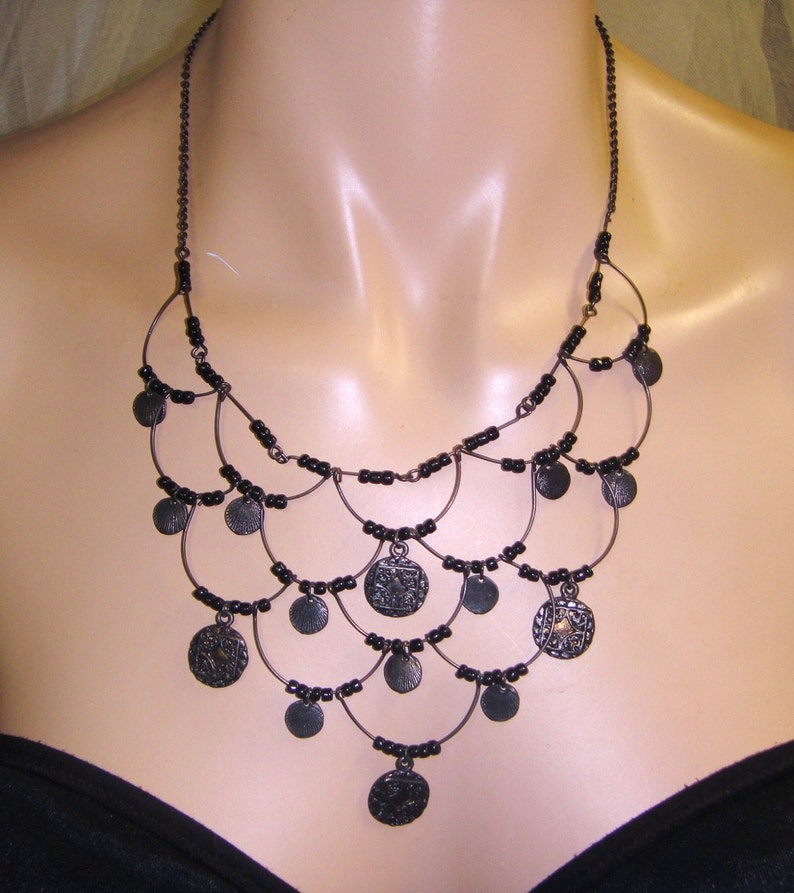 Vintage Silver Tone Black Beads Chain Necklace image 1