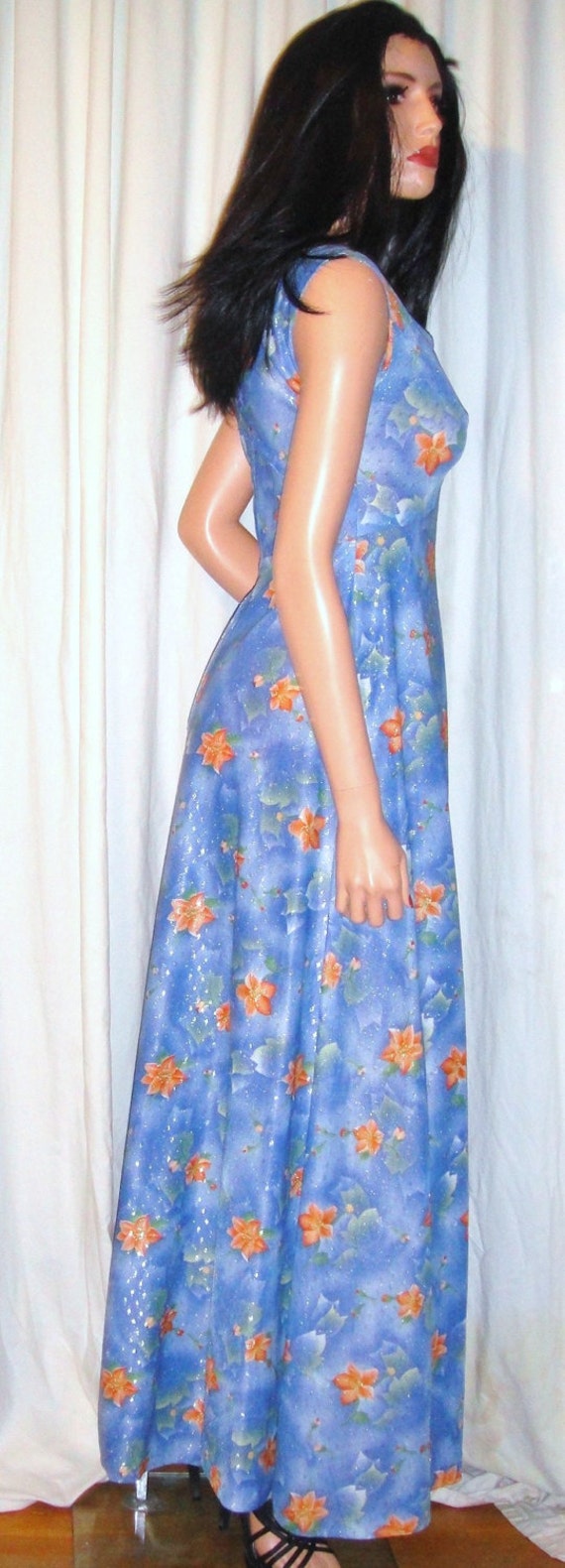 Vintage Blue Orange Floral Metallic Gold Maxi Dre… - image 4