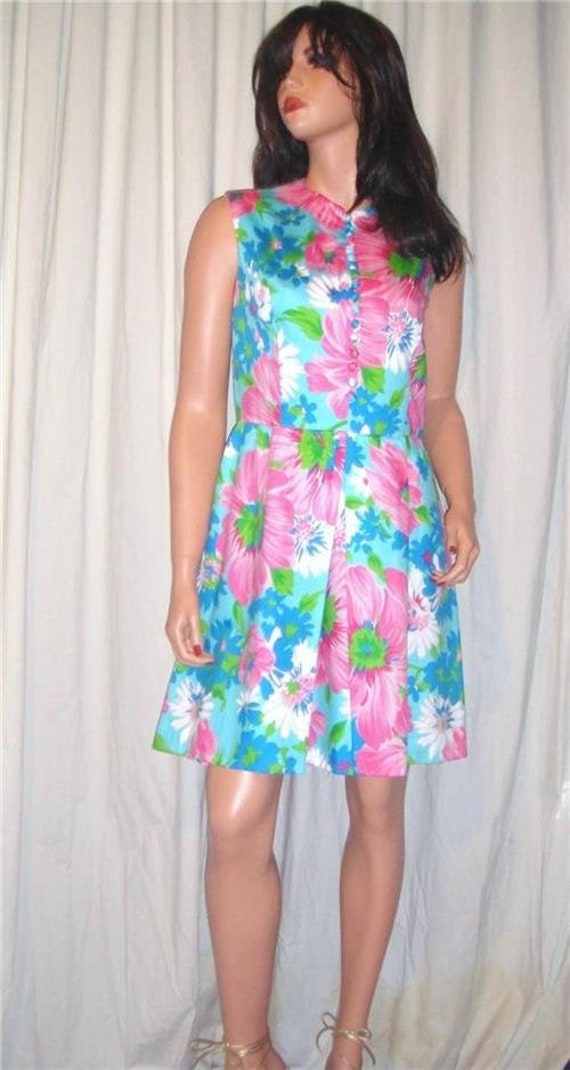 Vintage Gregg Draddy Floral Blue Pink Dress M