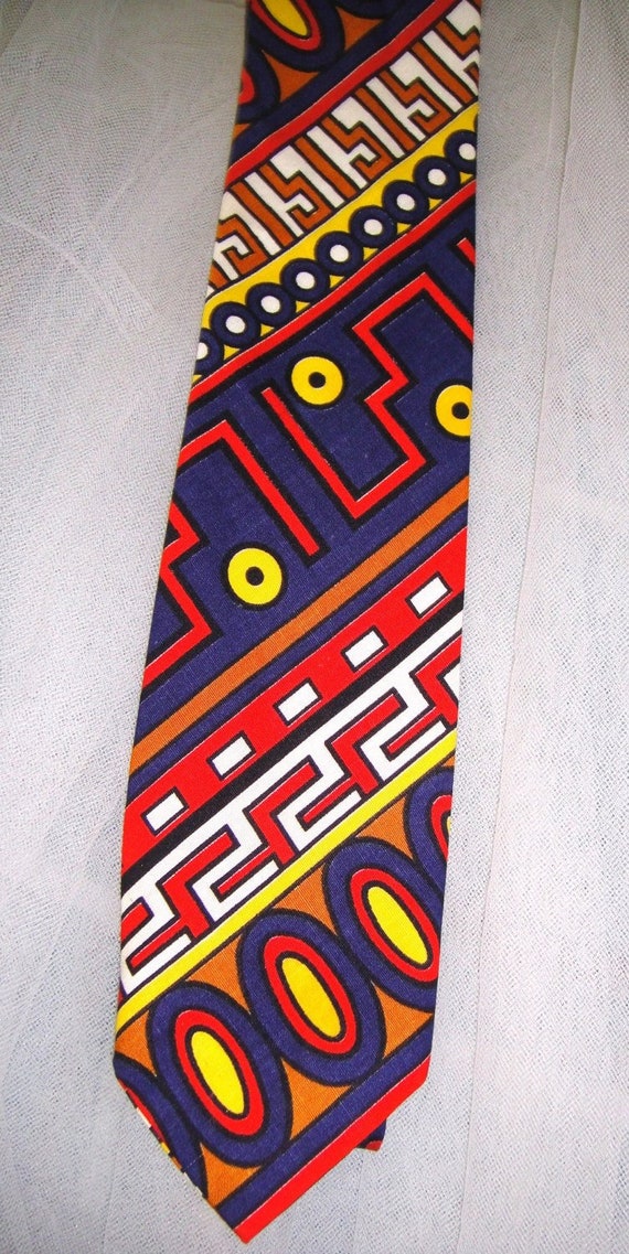 Vintage Navy Blue Red Yellow Abstract Necktie 58"