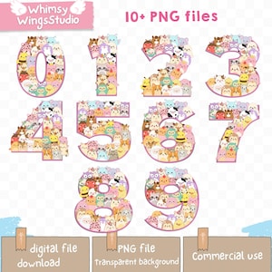Peut inclure: Ensemble de graphiques numériques, de 0 à 9, remplis de personnages d'animaux de dessins animés colorés. Les chiffres sont bordés de violet clair. L'image comprend le texte "Whimsy WingsStudio" et "10+ PNG files".