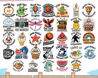 Op de afbeelding: Een verzameling van 33 PNG-bestanden met kleurrijke illustraties en motiverende citaten. Ontwerpen omvatten een basketbal, een pizzapunt, een regenboog en een koffiekopje. De tekst bevat "Shine Bright" en "Fuel Your Dreams".