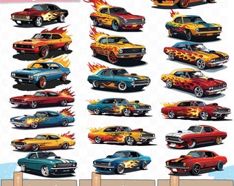 Può includere: Una collezione di 20 file PNG con auto d'epoca classiche con fiamme. Le auto sono raffigurate in vari colori, tra cui rosso, giallo, blu e verde. L'immagine include il testo "20 PNG files", "digital file download", "PNG file transparent background" e "Commercial use".
