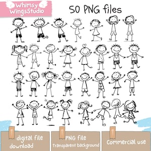 50 Cute Doodle Boy and Girl Stick Figure Clipart | Group Friend outline Doodle PNG Download | Kids doodles hand drawn Nursery Decor PNG