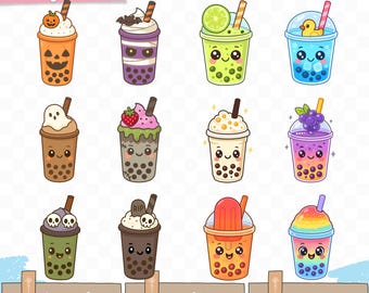 Happy Halloween Kawaii Bubble Tea PNG Clipart | Drink Stickers (Digital Download)