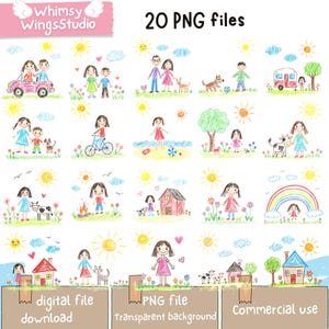 20 Kids Doodle Clipart | Cute Family Boy Girl  Hand-drawn Graphics Commercial use Instant Download Nursery Decor Digital Download PNG files